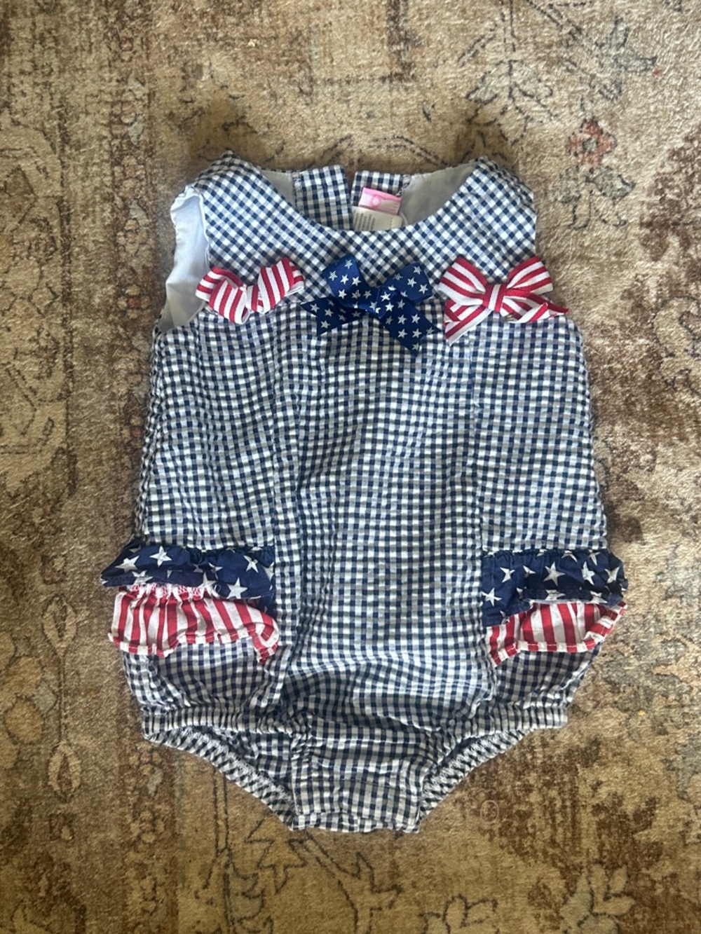 Girls Navy Gingham Patriotic Bow Bubble Romper y2k